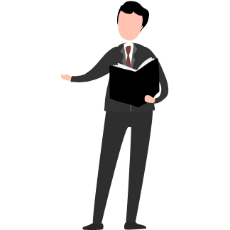 スーツ姿の男性が2枚折りの冊子を持ち話をしているイラスト