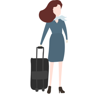 大きなスーツケースを引いているスーツ姿の女性のイラスト